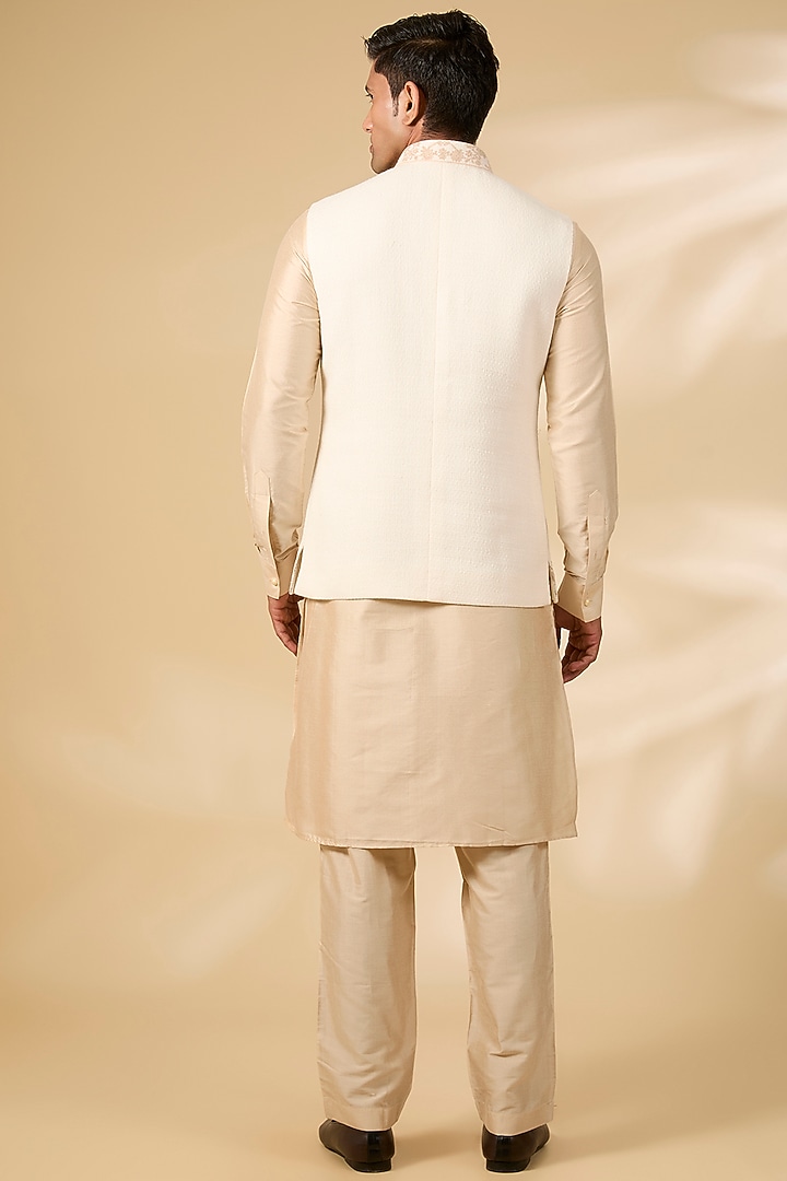 Ivory Dobby Silk & Cotton Silk Bundi Jacket Set by AMIT ARORA at Pernia's Pop Up Shop