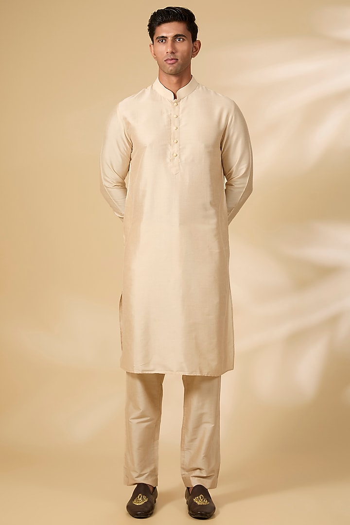 Ivory Dobby Silk & Cotton Silk Bundi Jacket Set by AMIT ARORA at Pernia's Pop Up Shop