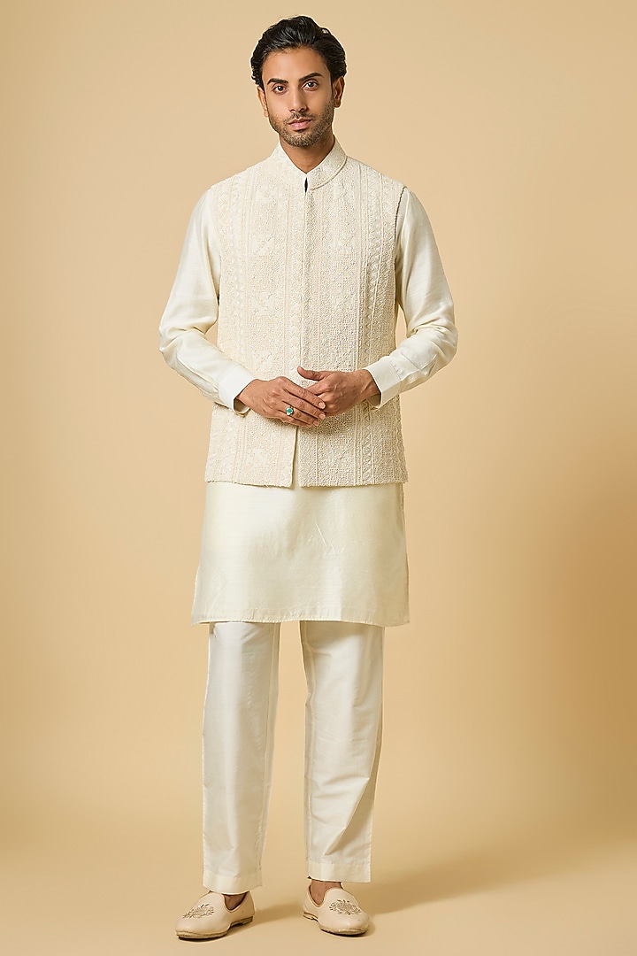 Fawn Beige Silk Bundi Jacket Set by AMIT ARORA at Pernia's Pop Up Shop