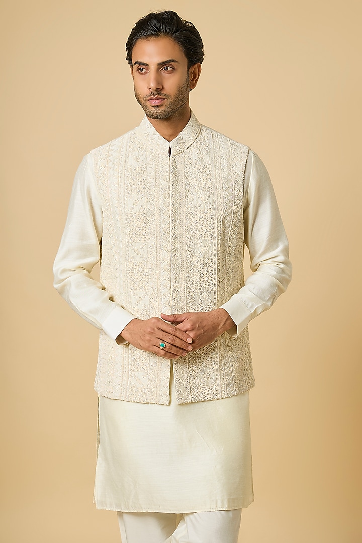 Fawn Beige Silk Bundi Jacket Set by AMIT ARORA at Pernia's Pop Up Shop