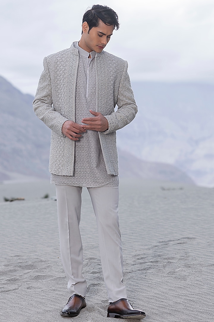 Light Grey Poly Knit Embroidered Open Indowestern Set by AMIT ARORA