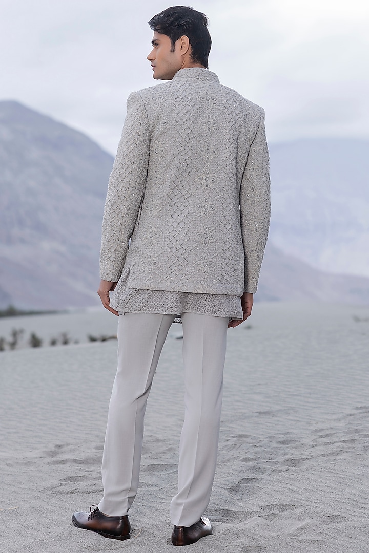 Light Grey Poly Knit Embroidered Open Groom Indowestern Set by AMIT ARORA at Pernia's Pop Up Shop