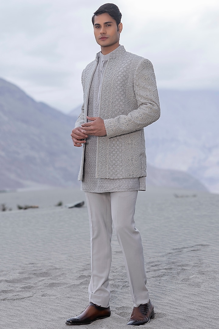 Light Grey Poly Knit Embroidered Open Groom Indowestern Set by AMIT ARORA at Pernia's Pop Up Shop