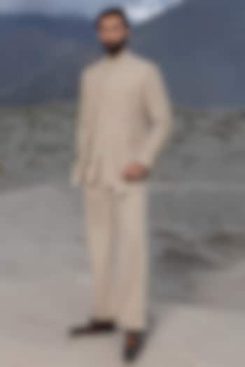 Beige Cupro Hand Embroidered Groom Indowestern Set by AMIT ARORA at Pernia's Pop Up Shop