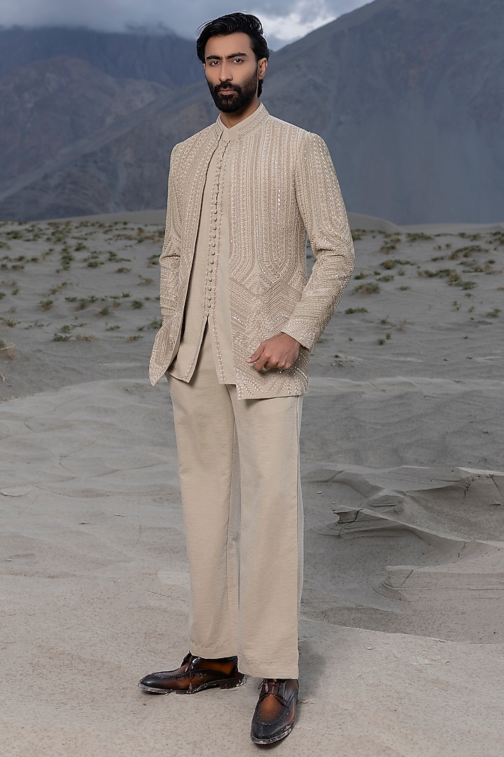 Beige Cupro Hand Embroidered Groom Indowestern Set by AMIT ARORA at Pernia's Pop Up Shop