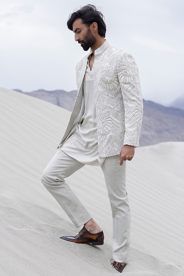 Grey Poly Knit Hand Embroidered Groom Indowestern Set by AMIT ARORA at Pernia's Pop Up Shop