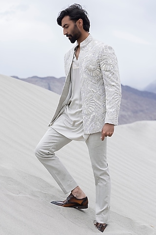 Grey Poly Knit Hand Embroidered Indowestern Set by AMIT ARORA