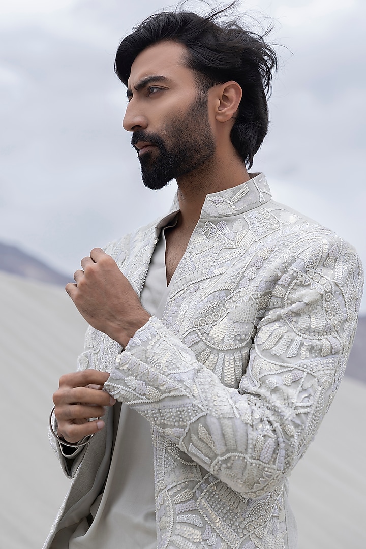Grey Poly Knit Hand Embroidered Groom Indowestern Set by AMIT ARORA at Pernia's Pop Up Shop
