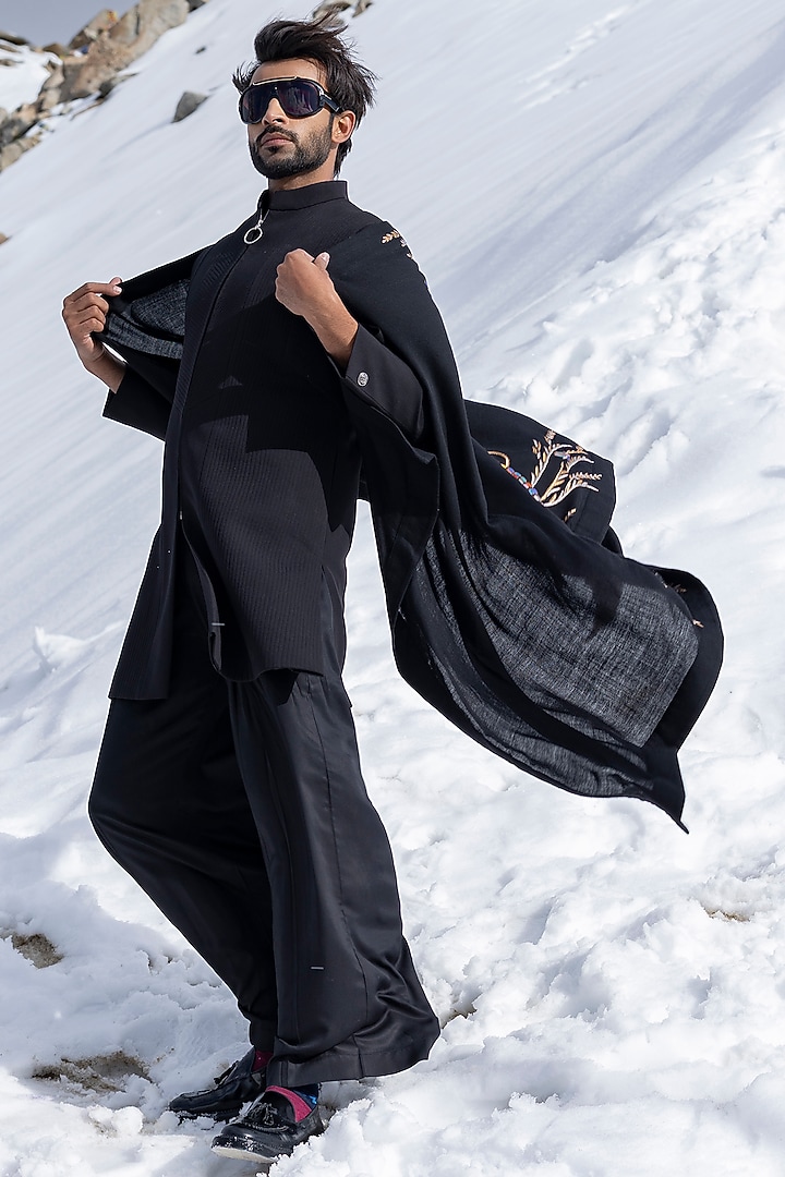 Black Lycra Knit Indowestern by AMIT ARORA