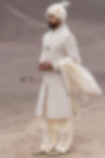 Peach Raw Silk Hand Embroidered Groom Sherwani Set by AMIT ARORA at Pernia's Pop Up Shop