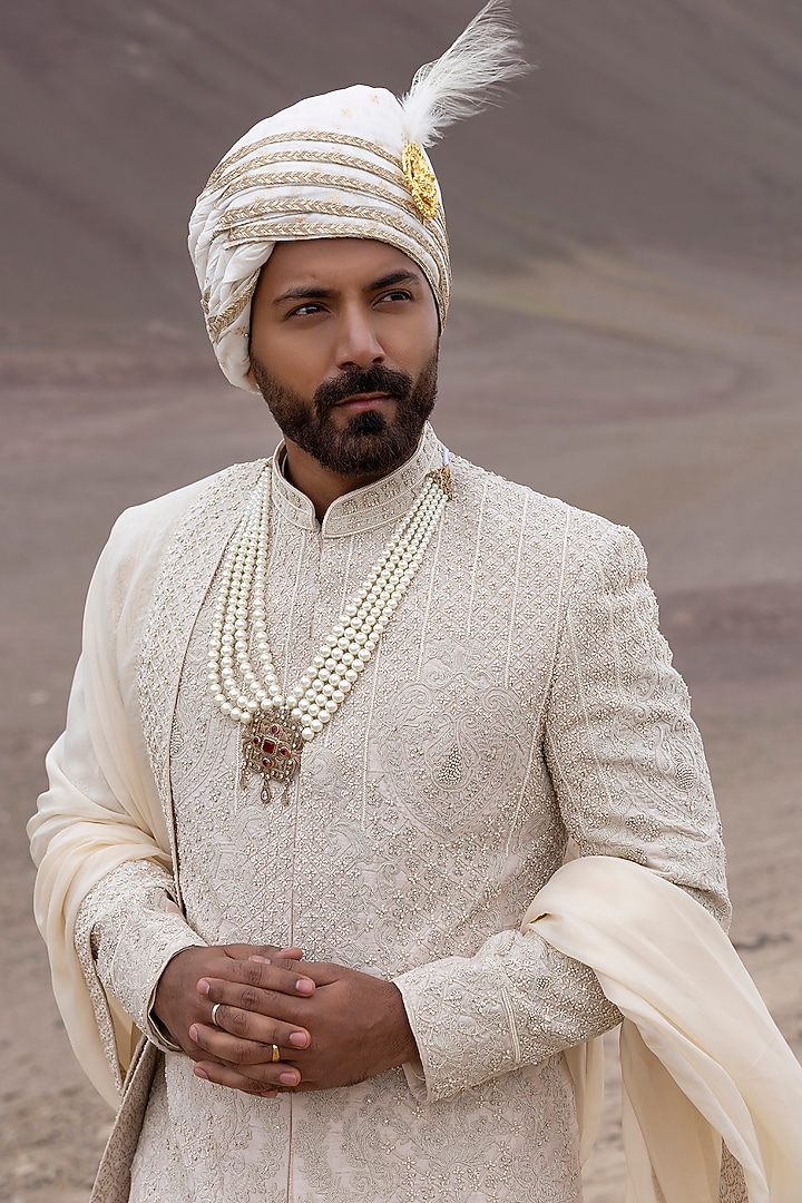 Peach Raw Silk Hand Embroidered Groom Sherwani Set by AMIT ARORA at Pernia's Pop Up Shop