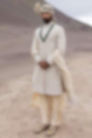 Beige Raw Silk Hand Embroidered Sherwani Set by AMIT ARORA