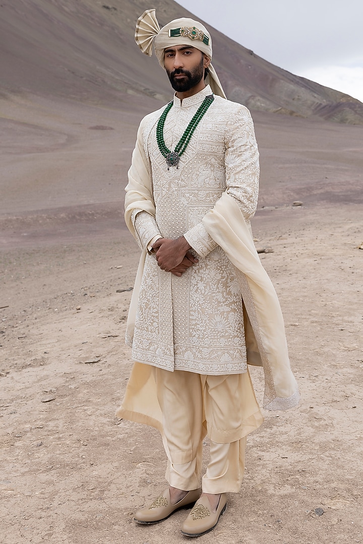 Beige Raw Silk Hand Embroidered Sherwani Set by AMIT ARORA