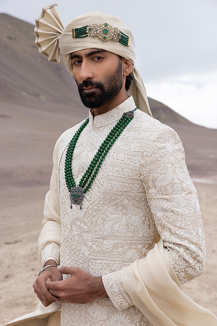 Beige Raw Silk Hand Embroidered Groom Sherwani Set by AMIT ARORA at Pernia's Pop Up Shop