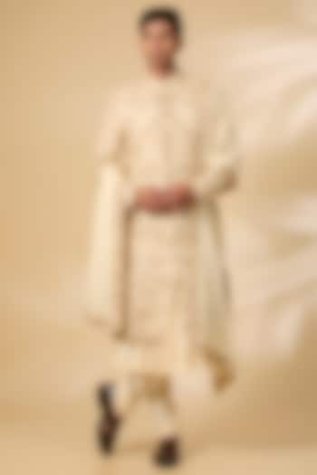 Golden Raw Silk & Cotton Silk Sherwani Set by AMIT ARORA