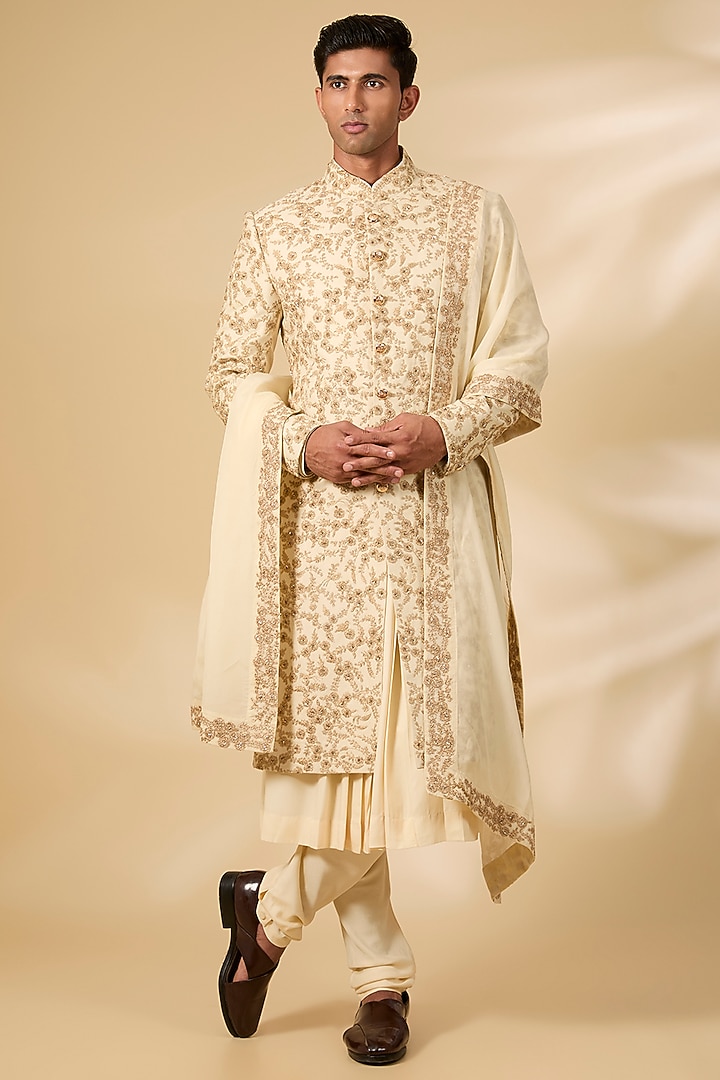 Golden Raw Silk & Cotton Silk Sherwani Set by AMIT ARORA