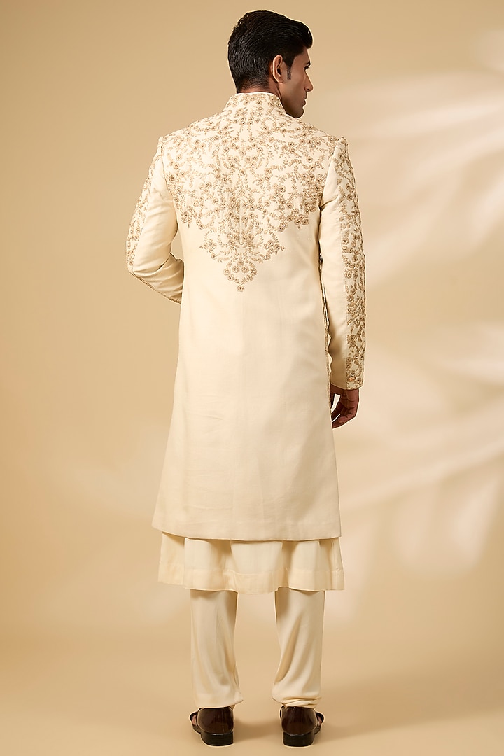 Golden Raw Silk & Cotton Silk Groom Sherwani Set by AMIT ARORA at Pernia's Pop Up Shop