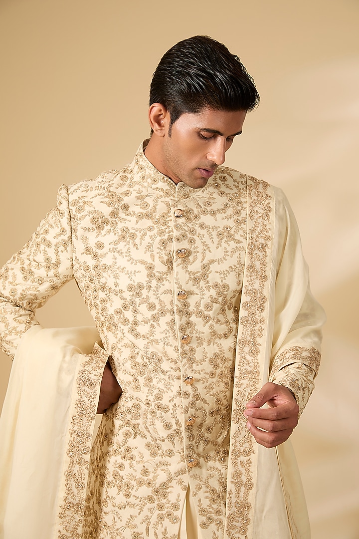 Golden Raw Silk & Cotton Silk Groom Sherwani Set by AMIT ARORA at Pernia's Pop Up Shop
