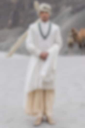 Cream Raw Silk Hand Embroidered Groom Sherwani Set by AMIT ARORA at Pernia's Pop Up Shop