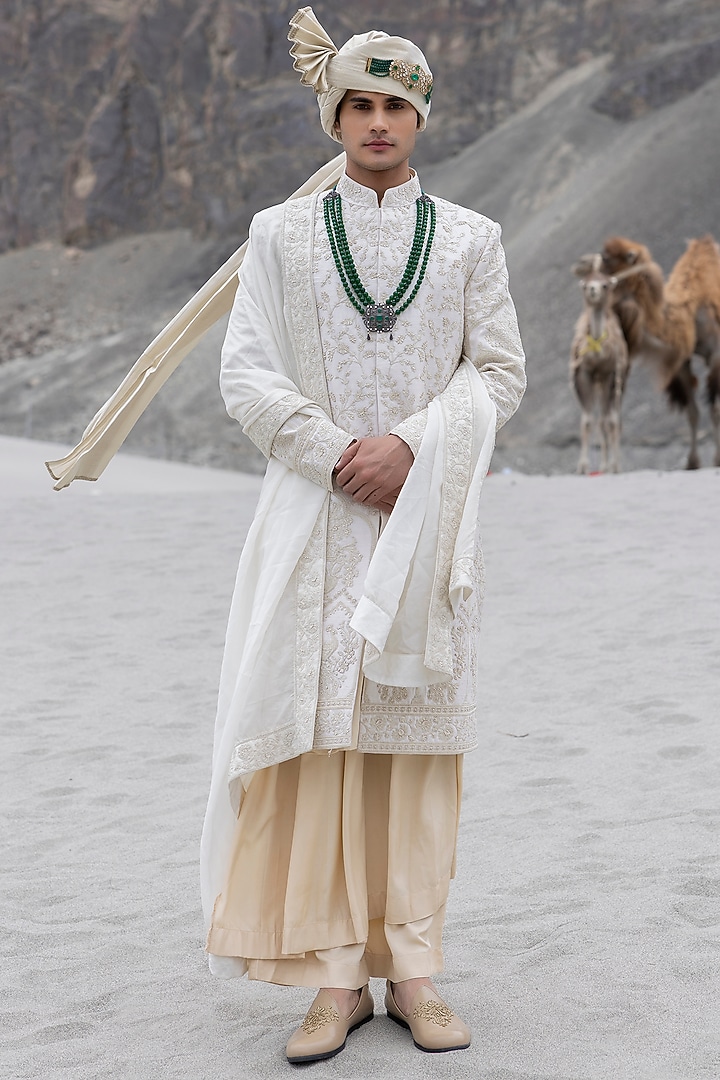 Cream Raw Silk Hand Embroidered Groom Sherwani Set by AMIT ARORA at Pernia's Pop Up Shop