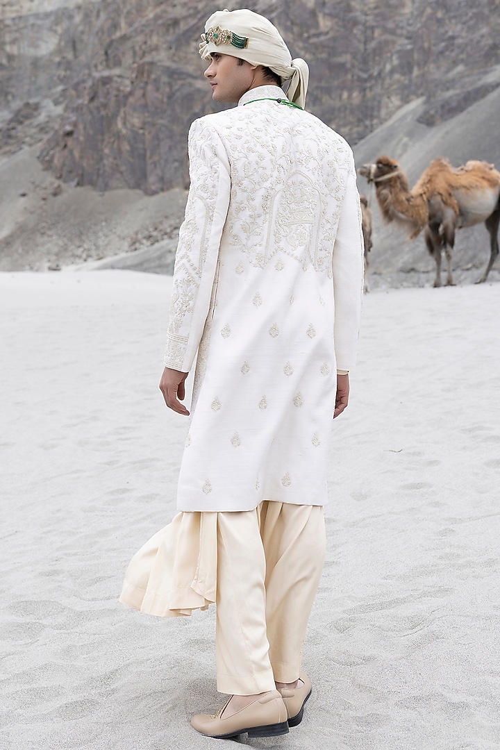 Cream Raw Silk Hand Embroidered Groom Sherwani Set by AMIT ARORA at Pernia's Pop Up Shop