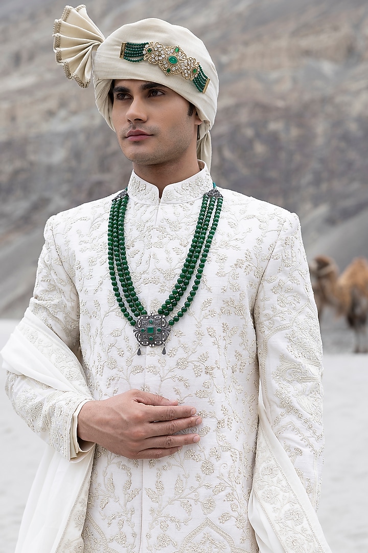 Cream Raw Silk Hand Embroidered Groom Sherwani Set by AMIT ARORA at Pernia's Pop Up Shop