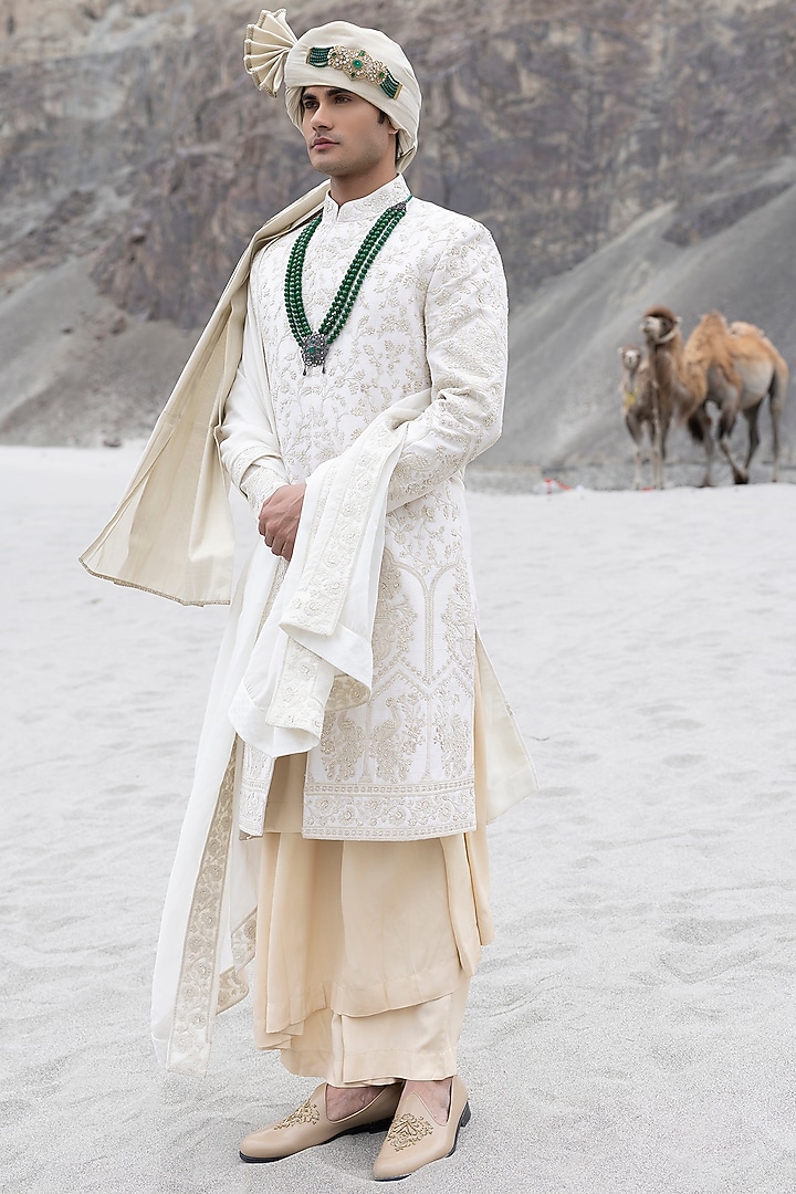 Cream Raw Silk Hand Embroidered Groom Sherwani Set by AMIT ARORA at Pernia's Pop Up Shop
