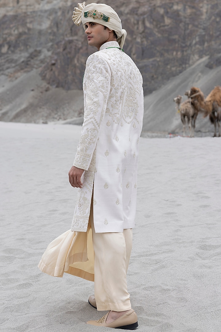 Cream Raw Silk Hand Embroidered Groom Sherwani Set by AMIT ARORA at Pernia's Pop Up Shop