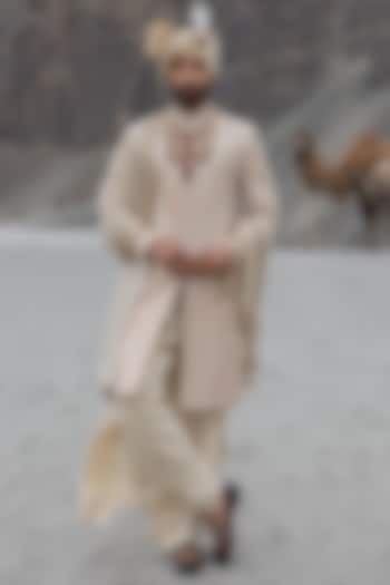 Beige Raw Silk Hand Embroidered Groom Sherwani Set by AMIT ARORA at Pernia's Pop Up Shop