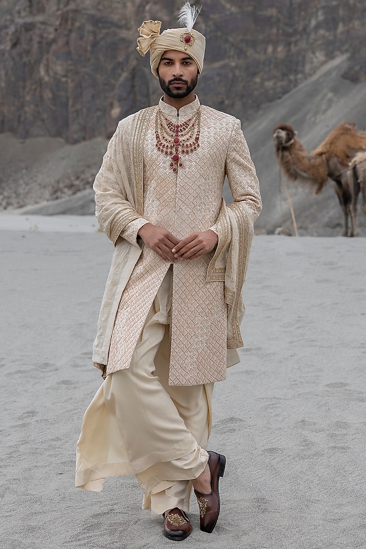 Beige Raw Silk Hand Embroidered Groom Sherwani Set by AMIT ARORA at Pernia's Pop Up Shop