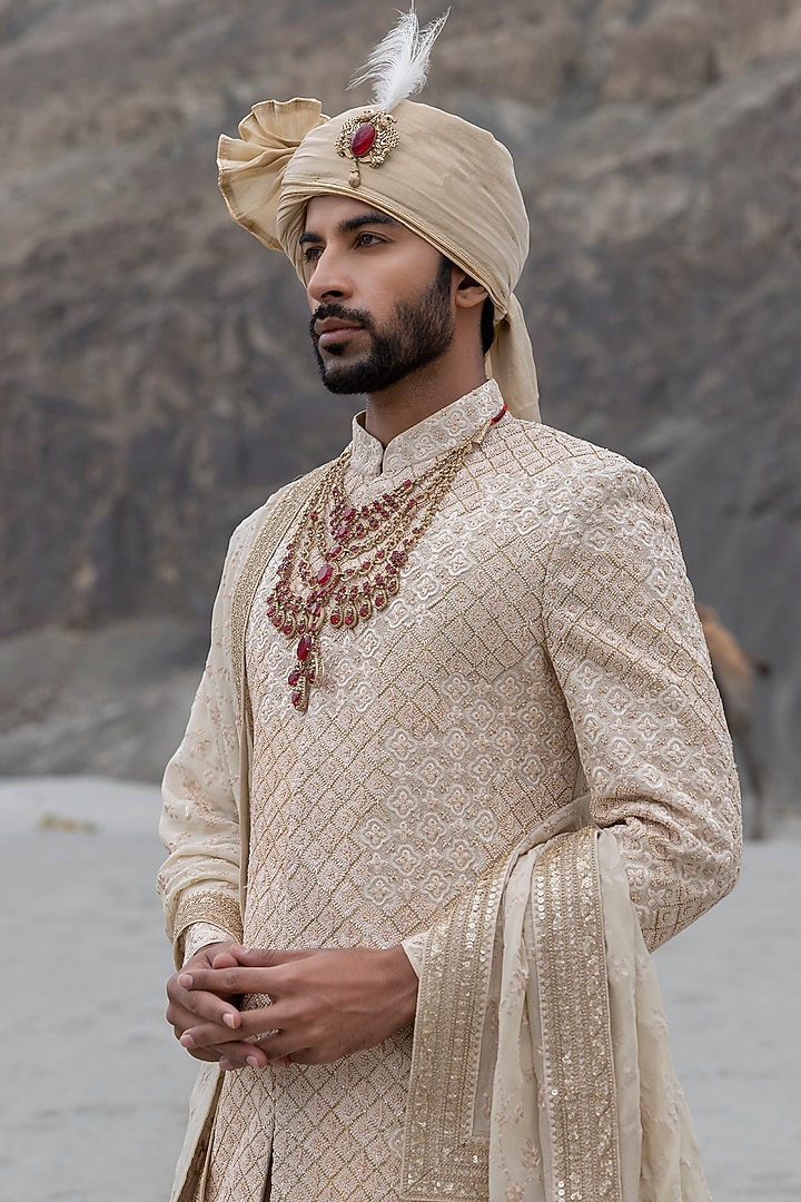 Beige Raw Silk Hand Embroidered Groom Sherwani Set by AMIT ARORA at Pernia's Pop Up Shop