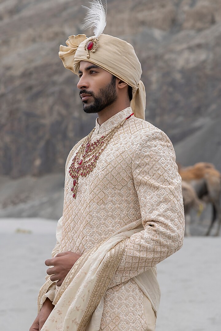 Beige Raw Silk Hand Embroidered Groom Sherwani Set by AMIT ARORA at Pernia's Pop Up Shop