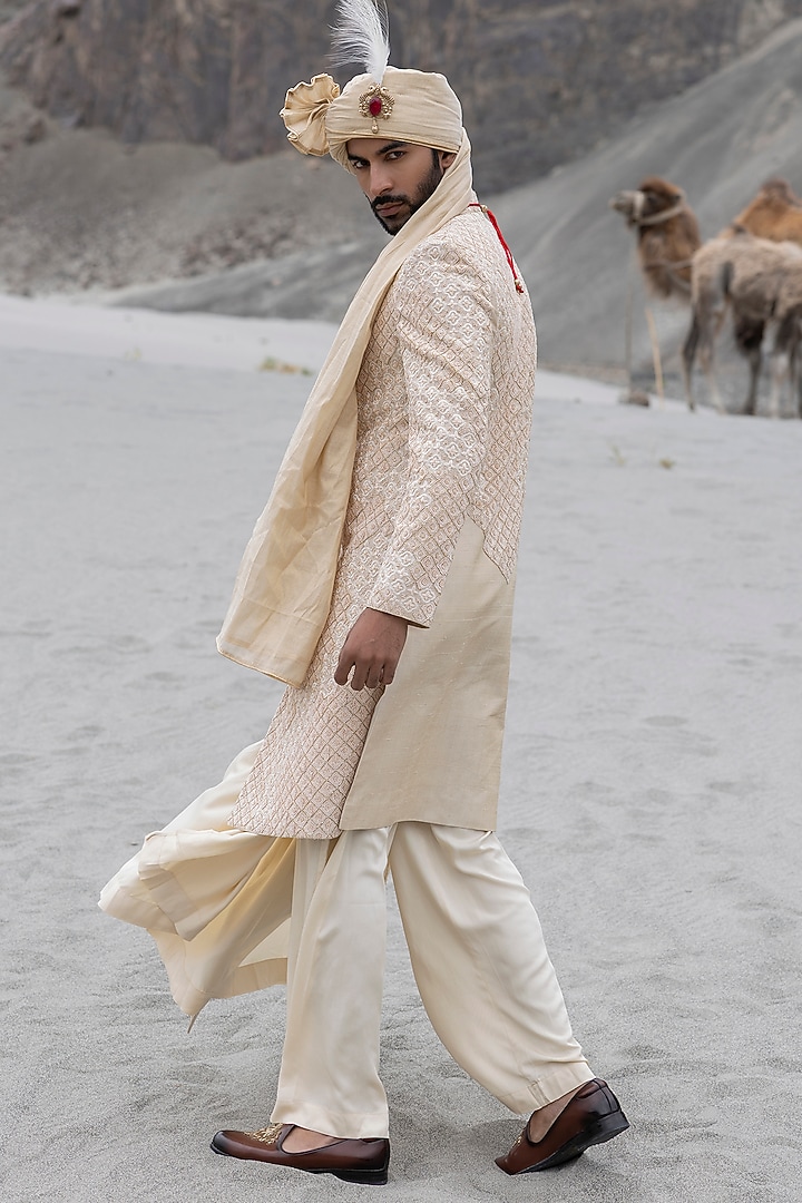 Beige Raw Silk Hand Embroidered Groom Sherwani Set by AMIT ARORA at Pernia's Pop Up Shop