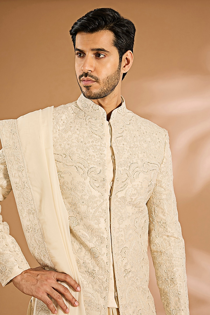 Cream Silk Groom Sherwani Set by AMIT ARORA at Pernia's Pop Up Shop