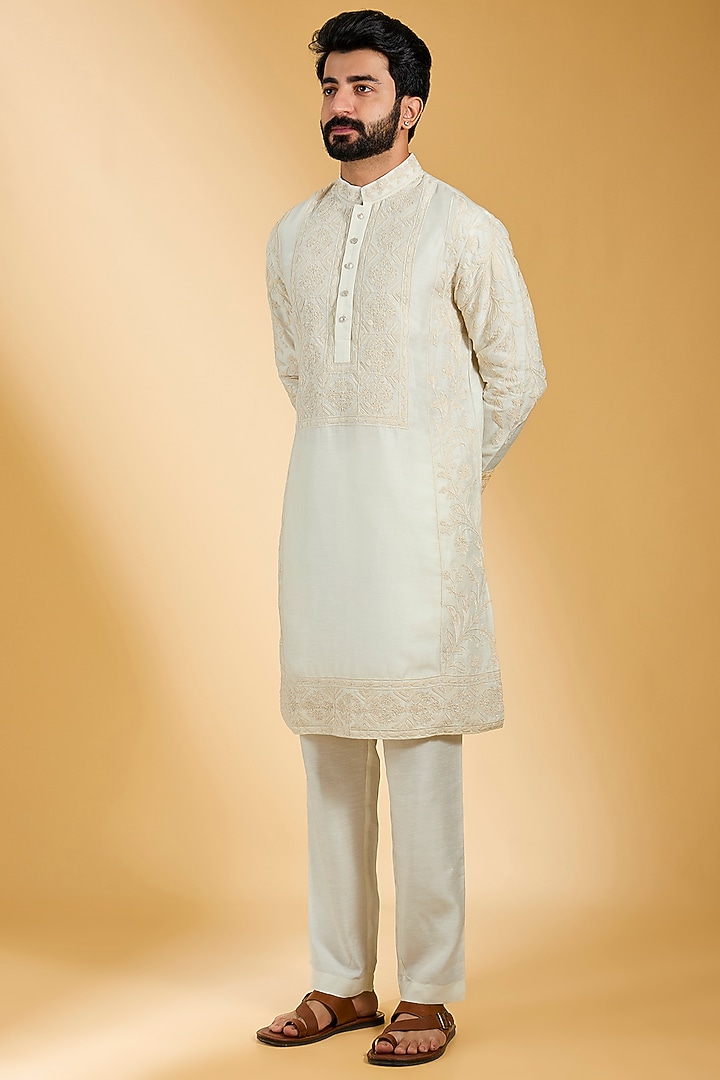 Ivory Linen Bamboo Silk Dori Embroidered Kurta Set by AMIT ARORA at Pernia's Pop Up Shop
