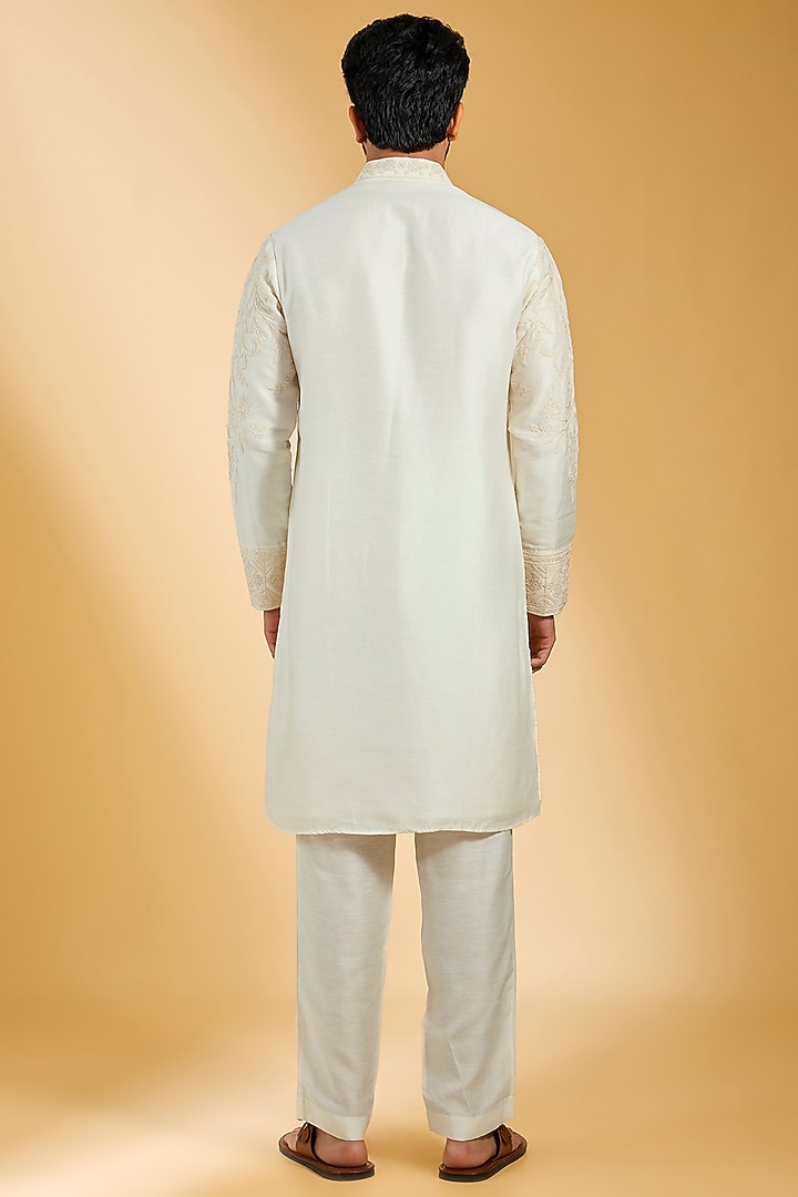 Ivory Linen Bamboo Silk Dori Embroidered Kurta Set by AMIT ARORA at Pernia's Pop Up Shop