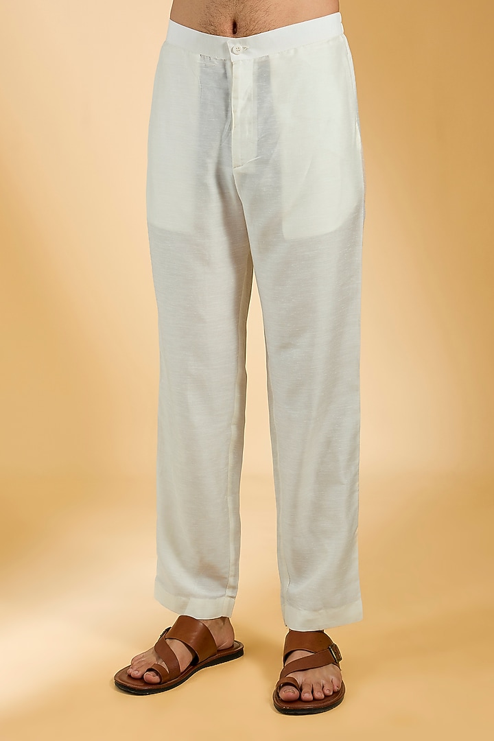 Ivory Linen Bamboo Silk Dori Embroidered Kurta Set by AMIT ARORA at Pernia's Pop Up Shop