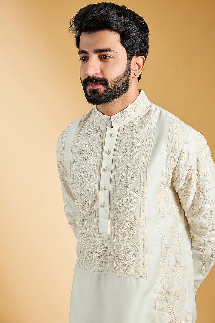 Ivory Linen Bamboo Silk Dori Embroidered Kurta Set by AMIT ARORA at Pernia's Pop Up Shop