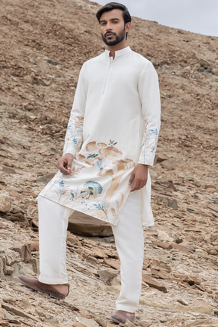 Ivory Poly Silk Embroidered Kurta Set by AMIT ARORA