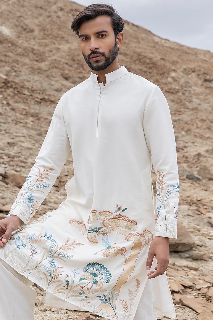 Ivory Poly Silk Embroidered Kurta Set by AMIT ARORA at Pernia's Pop Up Shop