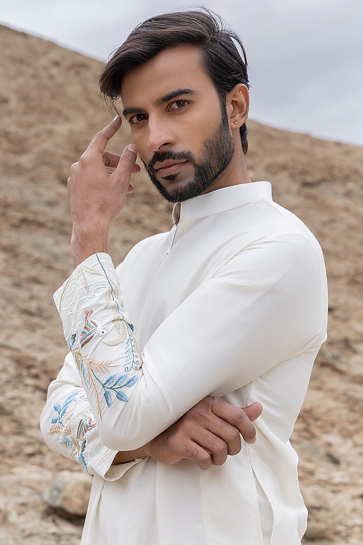 Ivory Poly Silk Embroidered Kurta Set by AMIT ARORA at Pernia's Pop Up Shop