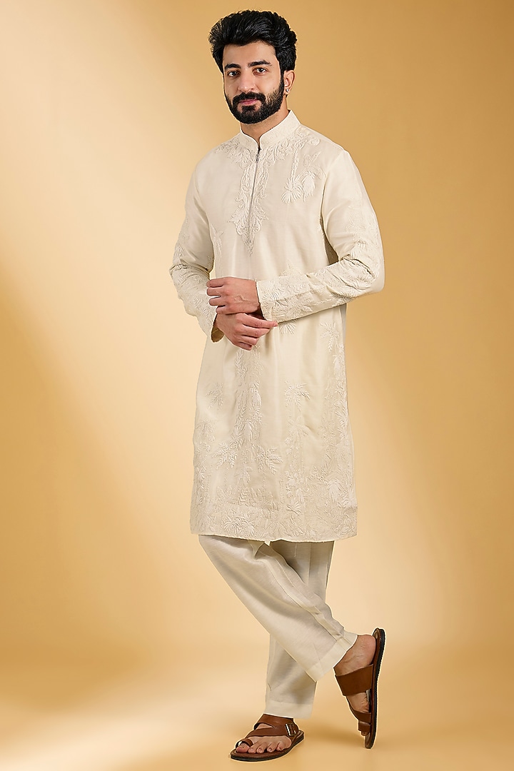 Ivory Linen Bamboo Silk Dori Embroidered Kurta Set by AMIT ARORA at Pernia's Pop Up Shop