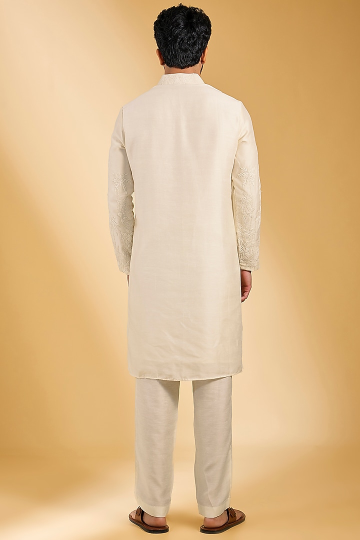 Ivory Linen Bamboo Silk Dori Embroidered Kurta Set by AMIT ARORA at Pernia's Pop Up Shop