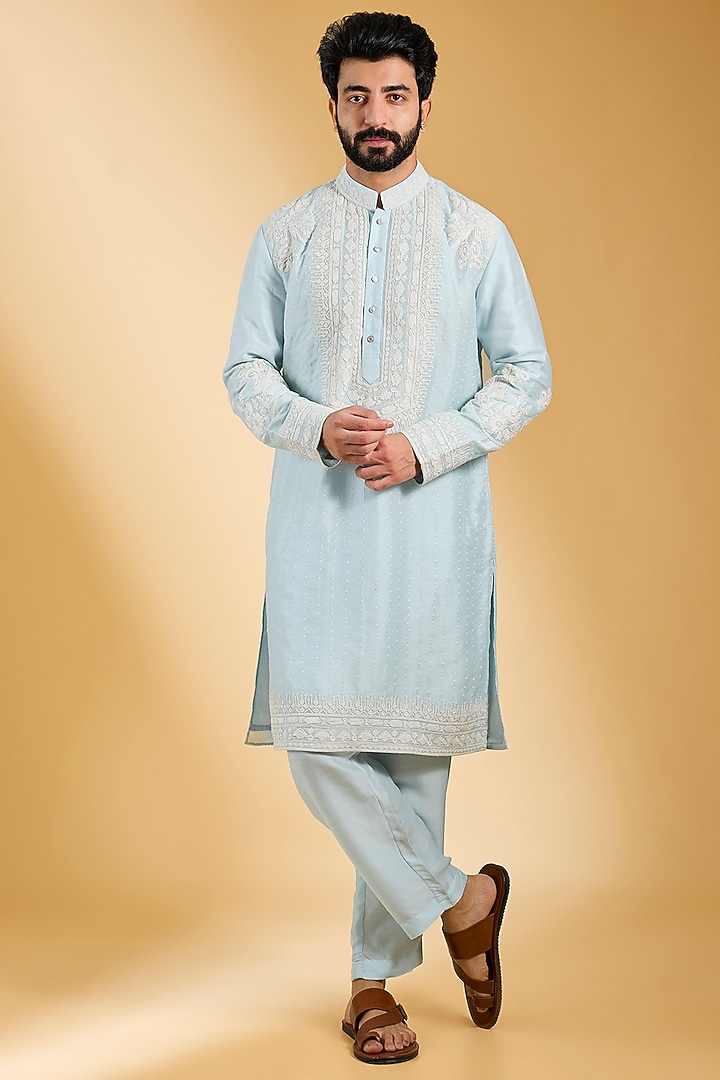Sky Blue Linen Bamboo Silk Hand Embroidered Kurta Set by AMIT ARORA at Pernia's Pop Up Shop