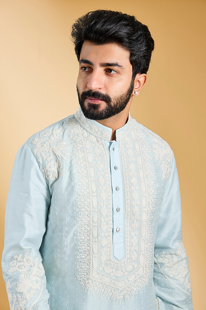 Sky Blue Linen Bamboo Silk Hand Embroidered Kurta Set by AMIT ARORA at Pernia's Pop Up Shop