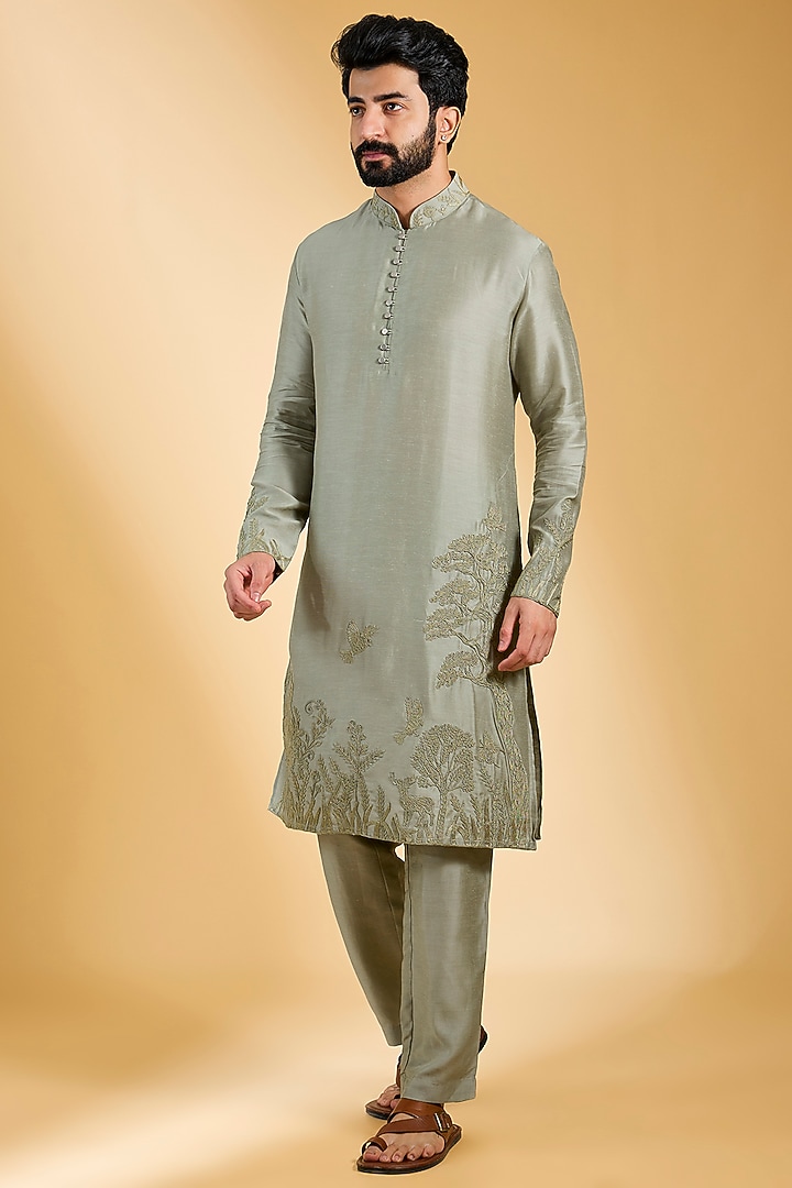 Olive Green Linen Bamboo Silk Dori Embroidered Kurta Set by AMIT ARORA at Pernia's Pop Up Shop