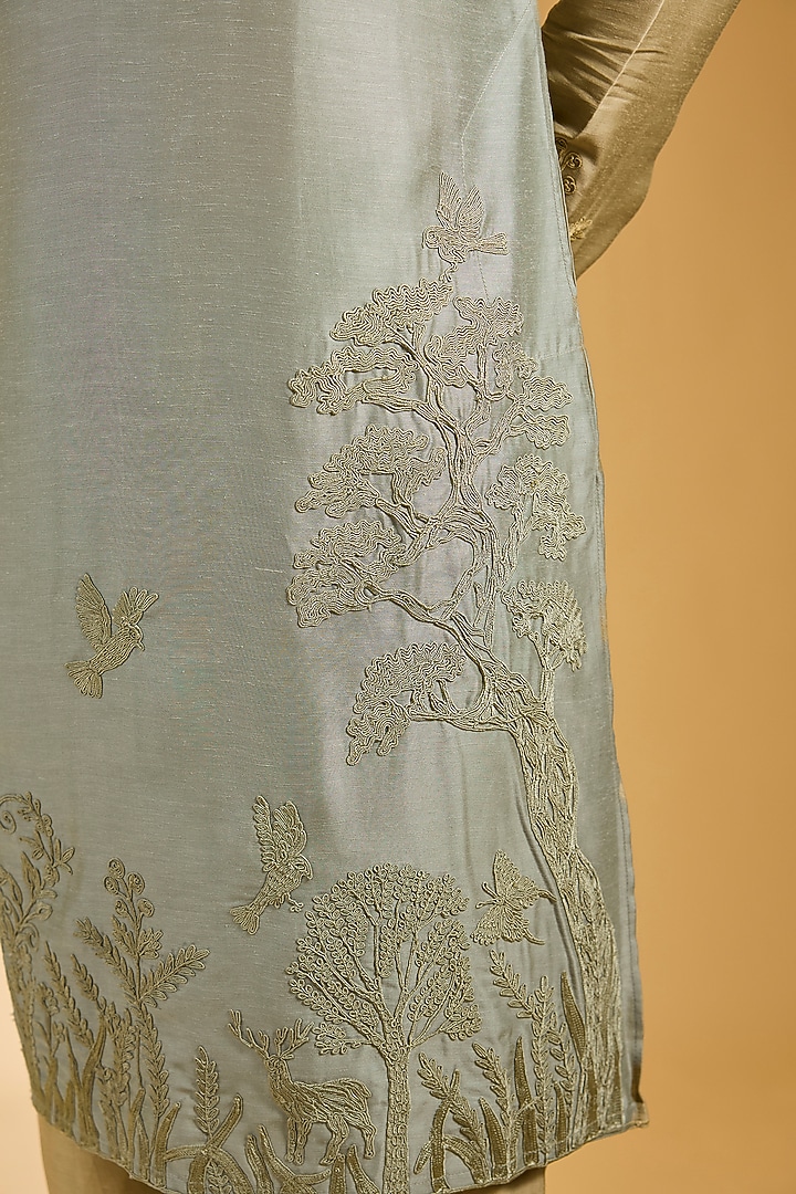 Olive Green Linen Bamboo Silk Dori Embroidered Kurta Set by AMIT ARORA at Pernia's Pop Up Shop