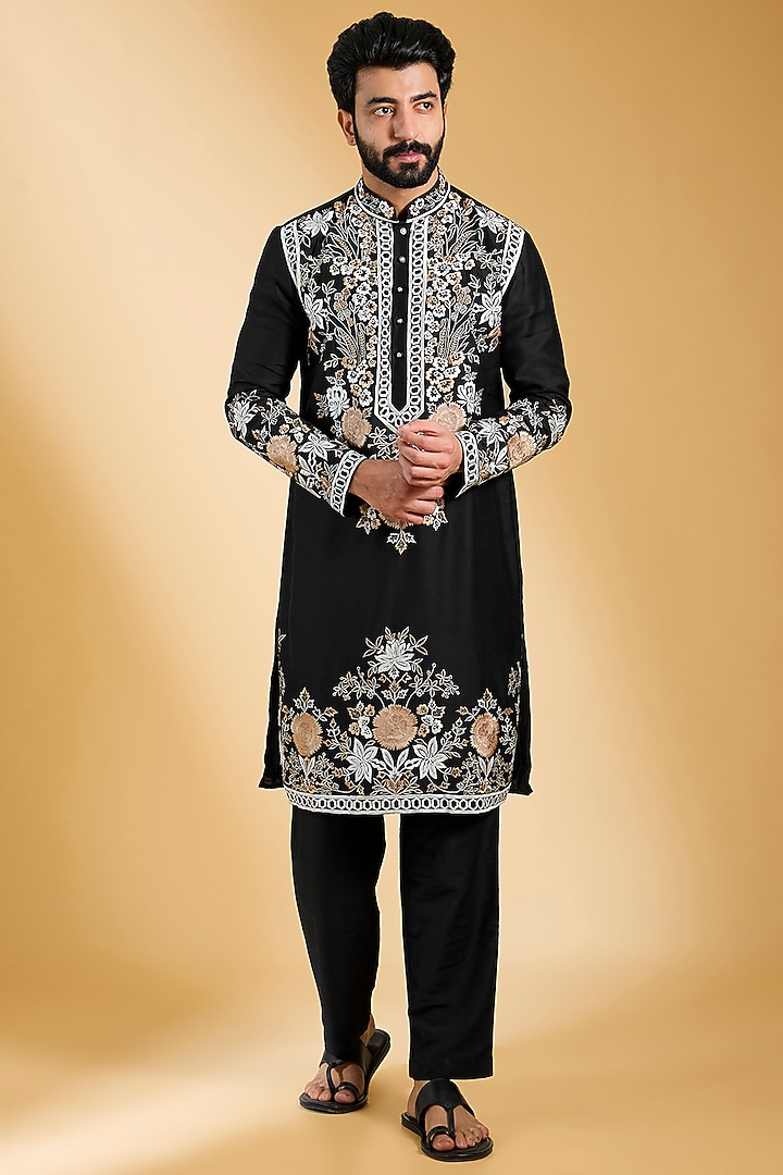Black Linen Bamboo Silk Embroidered Kurta Set by AMIT ARORA at Pernia's Pop Up Shop