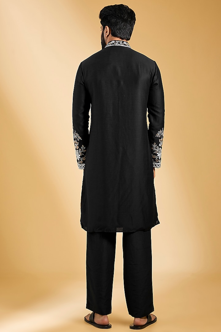 Black Linen Bamboo Silk Embroidered Kurta Set by AMIT ARORA at Pernia's Pop Up Shop