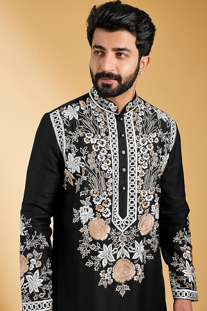 Black Linen Bamboo Silk Embroidered Kurta Set by AMIT ARORA at Pernia's Pop Up Shop